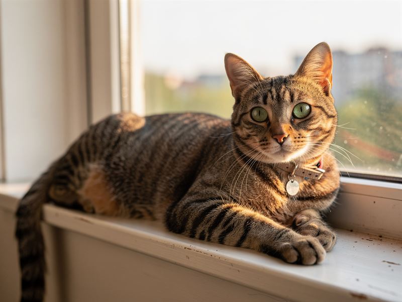 A tabby cat wearing a thin lightweight collar with a tiny tag