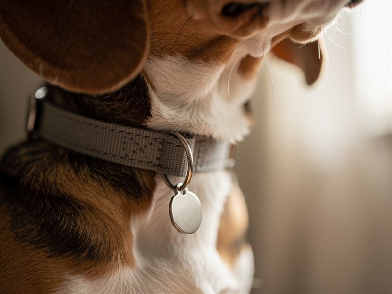 A beagle wearing a slim collar with a small round tag