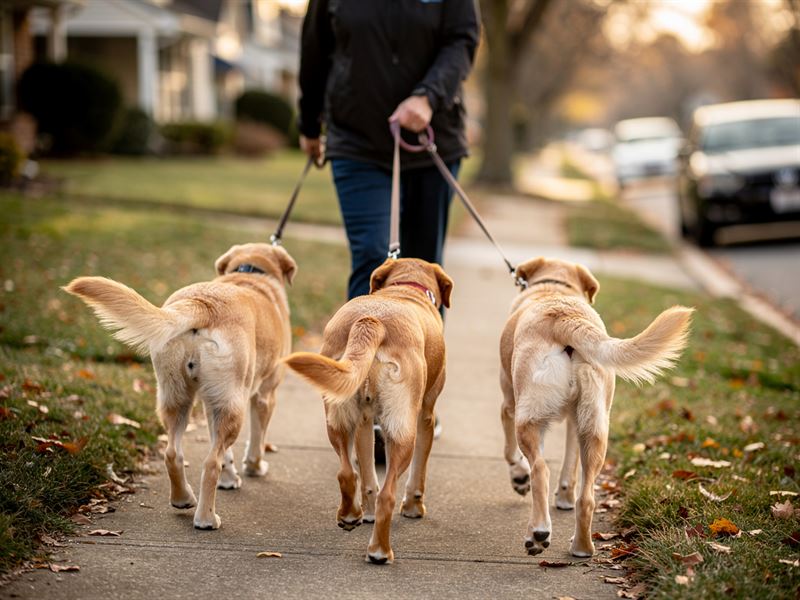 A dog walker with three dogs on a suburban sidewalk